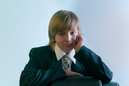 Portrait of a boy wearing  jacket and bow tie.の写真素材