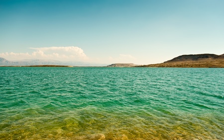 View on Dead Sea coastline and Arava Desert in Israel.