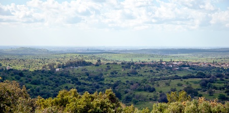 Outdoor panorama of green fields and hills at spring in Israel 