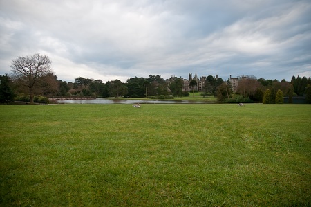 Park is a traditional English lawn, lake and castle   England  のeditorial素材