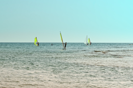 Windsurfers on strong wind and waves  の写真素材