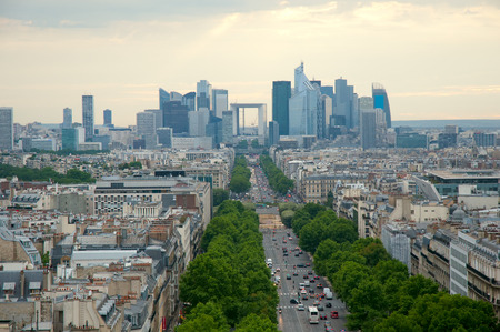 Aerial view of the Avenue of the Great Army and the modern district of La Defense.