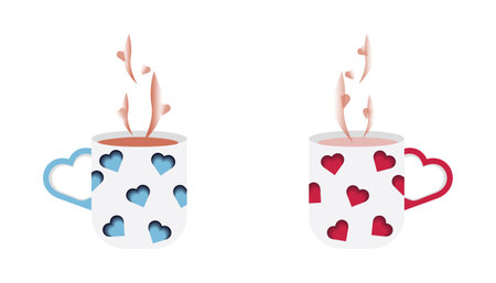 Couple mugs with red and blue hearts in paper cut style. Cups for hot drinks. Vector illustrationのイラスト素材