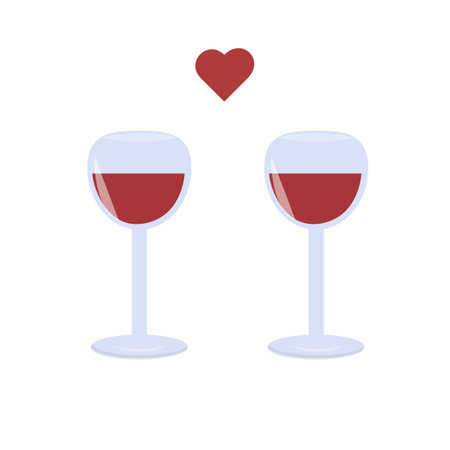 Two wine glasses and red heart. Romantic composition. Vector illustrationのイラスト素材