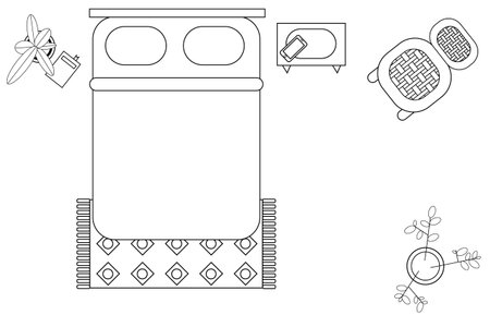 Bedroom top view from above. Outlined contoured room plan. Flat black and white interior illustrationのイラスト素材
