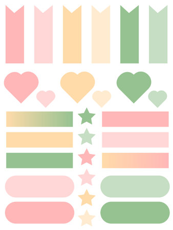 Planner stickers collection. Planner, book and weekly days labels. Pastel colored stickers. Trendy scheduler or organizer. Each isolated on white backgroundのイラスト素材