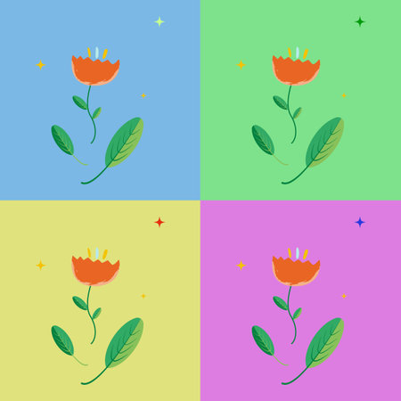 Orange flower with green leaves on blury yellow background. Summer vector illustrationのイラスト素材