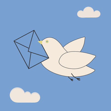 Flying post bird with a letter isolated on blue background. White dove with envelope. Air mail delivery symbol. Flat vector illustration.のイラスト素材