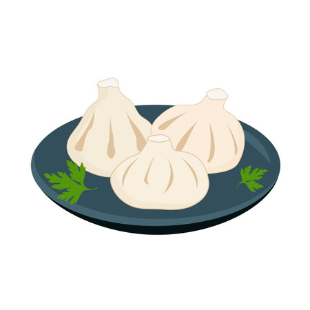 Khinkali or traditional Georgian dumplings on plate. Caucasian national meal. Vector illustration on white backgroundのイラスト素材