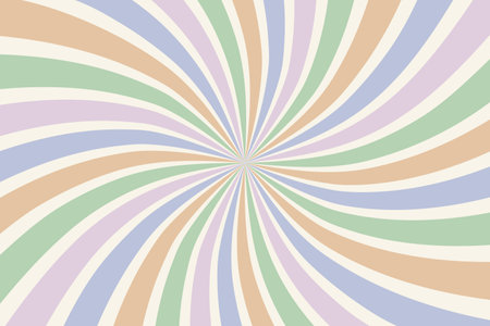 Retro radial backdrop in trendy pastel colors. Abstract horizontal vector background in 60s, 70s style. Funky twisted spiral illustration.のイラスト素材