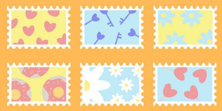 Set of colorful post stamps with hearts, lollipops, keys, donuts and flowers. Playful postage stamps collection. Trendy vector illustration in flat styleのイラスト素材