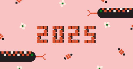 2025 banner with snakes. Chinese New year pixelated design concept. Horizontal background for New...