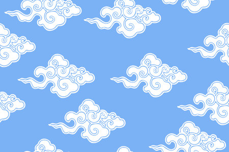 Traditional chinese or tibetan clouds on blue background. Oriental seamless horizontal pattern or banner.のイラスト素材