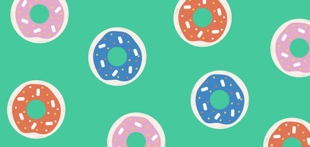 Colorful donuts on green background. Sweets theme horizontal banner.のイラスト素材