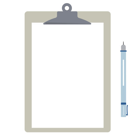 Paper pad holder with pen. Blank white sheet of paper in a clipboard. Flat vector illustration.のイラスト素材