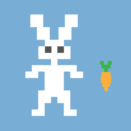 Pixelated hare with carrot isolated on blue background.のイラスト素材