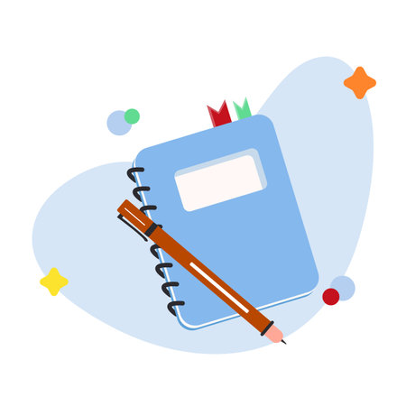 Spiral notebook and pen composition. Stationery items. Flat vector illustration.のイラスト素材