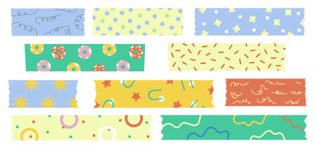 Washi tapes big collection. Set of colorful scrapbook stripes or sticky label tags, isolated on white background. Trendy abstract patterned decorative scotch tape designs.のイラスト素材