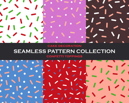 Donut glaze seamless pattern collection. Colorful confetti texture for sweet food toppings. Flat vector illustration.のイラスト素材