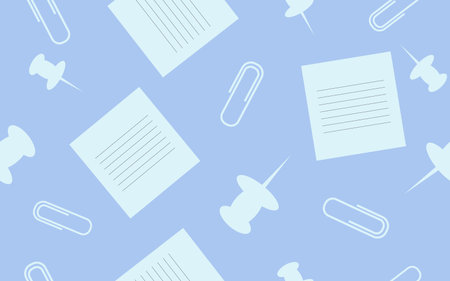 Seamless background with paper clips, pins and notes. Office work theme pattern. Flat vector illustration.のイラスト素材