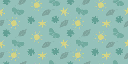 Seamless pattern with butterfly, star, sun, leaf, puzzle. Childish patterned background for print on fabric, banner design, cover, wrapping, wallpaper, poster decor.のイラスト素材