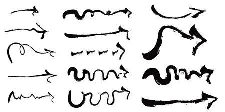 Hand drawn black arrows. Arrow collection made with painting brush. Each element isolated on white background.のイラスト素材
