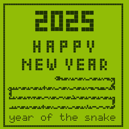 2025 Happy New Year square card. Year of the snake background in retro pixel art style. Old fashioned phone game concept for new year celebration.のイラスト素材