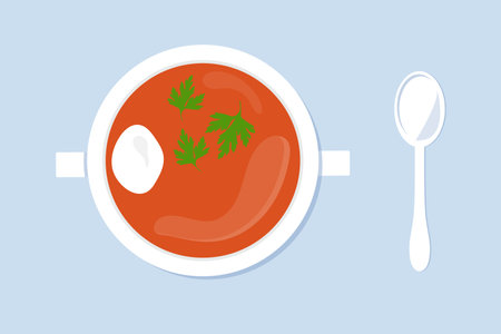 Beetroot or tomato soup garnished with sour cream and parsley. Borscht bowl with spoon. Vector illustration top table view.のイラスト素材