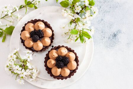 Chocolate tart with salted caramel filling and fresh blackberries. Cherry flowers on background. Copy space.の写真素材