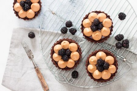 Blackberry tarts with caramel whipped cream and chocolate filling on metal cooling rack. Grey background.の写真素材