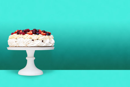 Meringue Pavlova cake with whipped cream and fresh berries isolated, strawberries and blueberries on turquoise background. horizontal orientationの写真素材