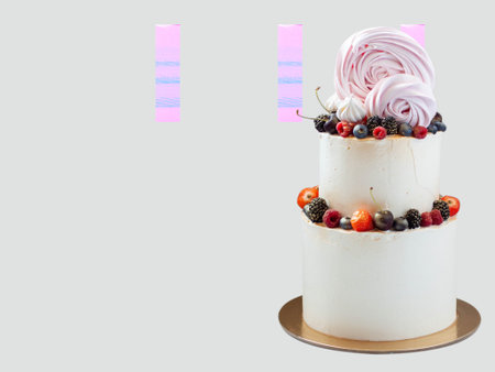 Tall and bright unicorn cake with chocolate, meringue swirls and cupcakes. Isolated on gray background with copy space on a side. Horizontalの写真素材