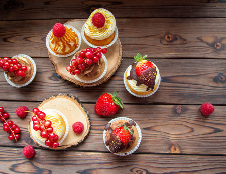 Chocolate and vanilla cupcakes decorated with fresh berries on rustic wooden backgroundの写真素材