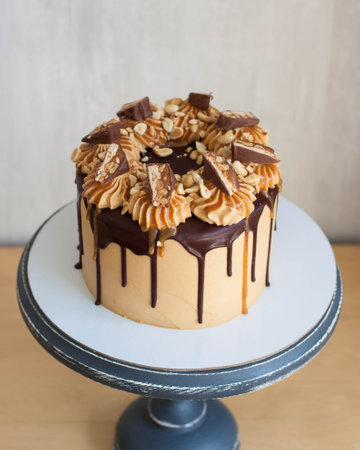Snickers cake with peanut butter cream, melted chocolate, candy bars, bites of peanuts and salted caramel on plain gray backgroundの写真素材