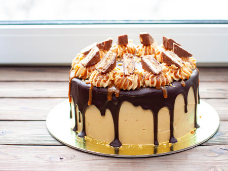 Peanut butter cream cake with melted chocolate, candy bars, bites of peanuts and salted caramel on wooden backgroundの写真素材