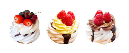 Vanilla, chocolate and pistachio mini pavlova cakes with whipped cream decorated with fresh berries, isolated on white background, png.の写真素材