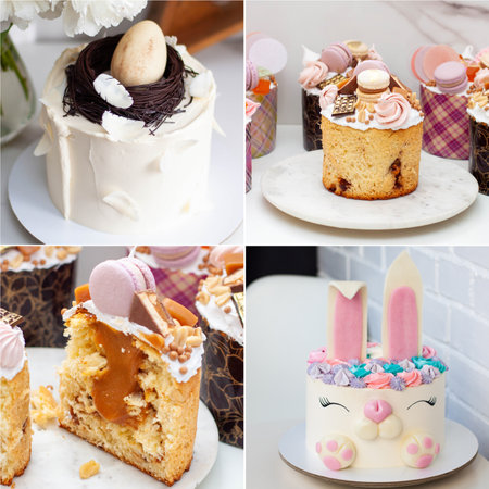 Set of beautiful traditional orthodox cakes decorated with glaze, meringues, chocolate, nuts,...