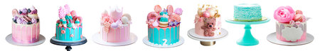 Set of pink and green beautiful birthday cakes isolated on white background, copy space, PNG