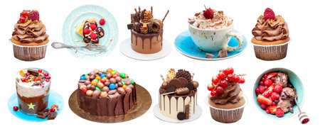 Chocolate desserts collage. Cakes, cupcakes, cookies, ice cream, meringues, donuts isolated on white...