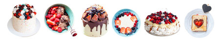 Set of isolated desserts, plates and cakes with fresh berries. Cakes, chocolate ice cream, Greek...