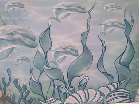 illustration of a whale sea algae children's story cartoonの写真素材