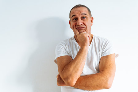 series of emotional portraits of middle-aged man, in white T-shirt, against white wall. Antics, expression of emotions, grimaceの写真素材