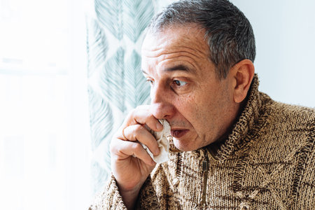 Middle-aged man in warm sweater, blows nose into disposable paper napkin, sneezes and coughs, is sick at home. Man suffering from cold sneezes and blows noseの写真素材