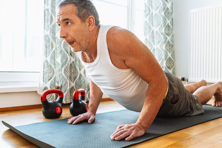 Middle-aged man, muscular build, standing in plank position on sports mat, straining, doing physical exercises at home. Strength training, yoga for middle age, physical activityの写真素材