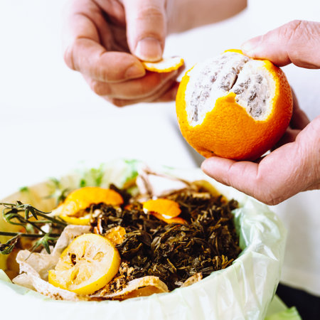 Sorting and composting food waste at home in the kitchenの写真素材