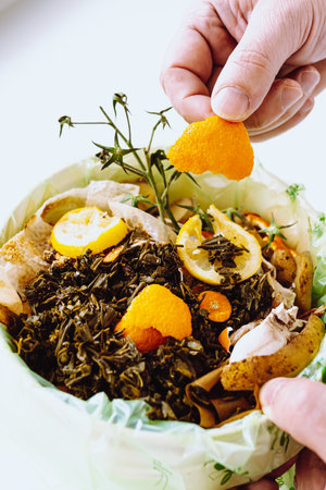 Sorting and composting food waste at home in the kitchenの写真素材