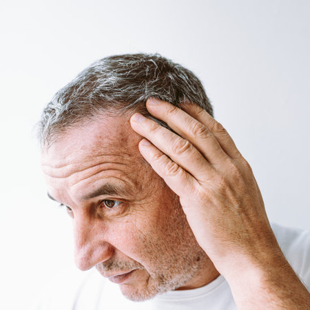 Middle-aged man demonstrates gray hair, hair loss problem, Close-up of face of brown-eyed man, with...