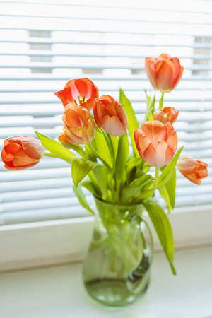 Beautiful bouquet of tulips in a vase on the windowsillの写真素材