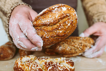Close-up hands holding freshly baked loaf of bread.の写真素材