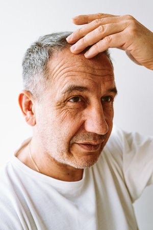 Portrait senior man with gray hair and white t-shirtの写真素材